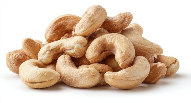 Pile of cashews on white background