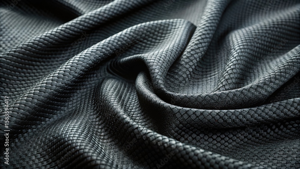 Poster close up of draped dark gray fabric with a textured pattern creating shadows and highlights on folds
