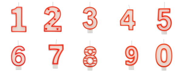 Birthday candle numbers set in red with white outline  