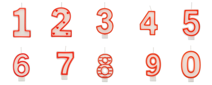 Birthday candle numbers set in red with white outline  