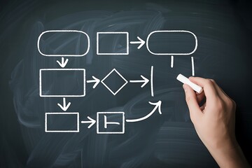 Chalk drawing of a flowchart on a blackboard diagram process