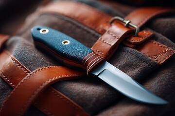 Compact knife resting on a leather-strapped canvas bag, suggesting themes of travel readiness, outdoor exploration, and essential tools for adventure.