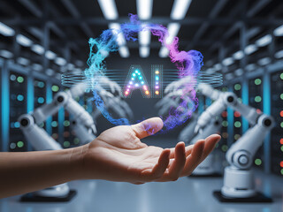 A human hand cradles a glowing AI symbol within a connected network, with digital lines extending to blurred humanoid robots in the background.
