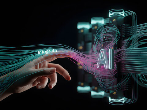 A human hand touching glowing digital data streams connecting to an "AI" text and server-like structures. This symbolizes integration, human-AI interaction, and the future of technology, data flow.