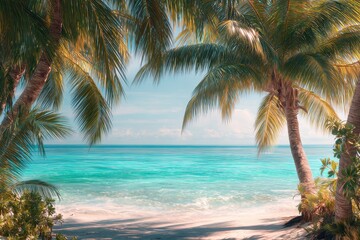 Fototapeta premium Tropical beach framed by palm trees, with turquoise water and white sand shore scene