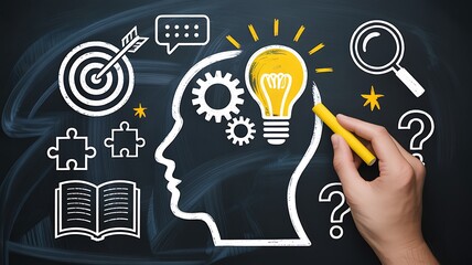 Chalkboard illustration of learning and problem solving education ideas