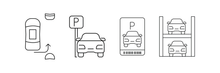 Smart parking direction guide ticket automation stacked car garage vehicle transport symbol urban mobility line icon collection.