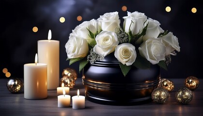 black cremation urn adorned with white roses and candles as a symbol of remembrance death anniversary memorialize legacy emotional healing