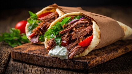 Two juicy, shredded meat wraps with fresh vegetables and creamy sauce on rustic wooden board.