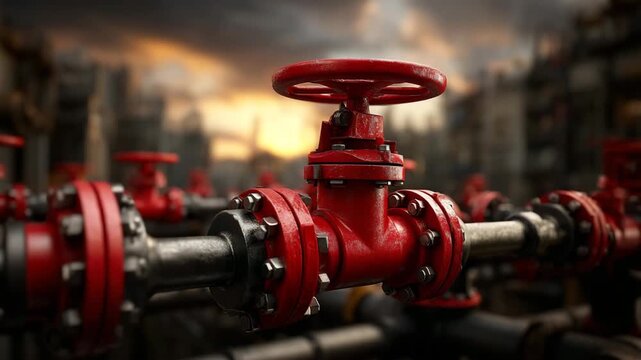 Bright red industrial valve in a complex network of pipes at sunset in an urban setting