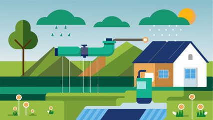 An automated system that diverts rainwater collected from roofs and fields to be used for irrigation.. Vector illustration