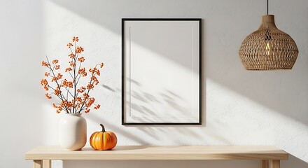 Photo of a blank frame mockup with a vase of flowers and pumpkin on a wooden table
