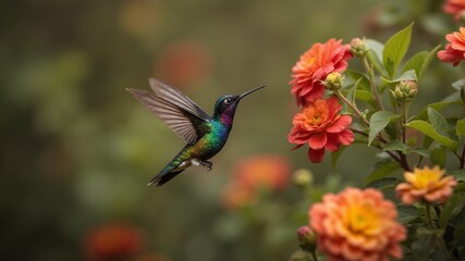 Naklejka premium A beautiful hummingbird hovering around flowers