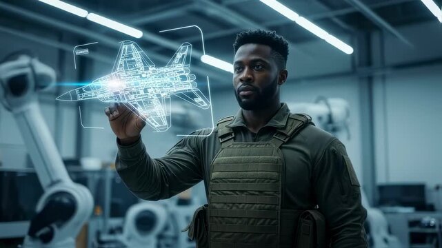 Professional african american aeronautical engineer wearing tactical vest uses futuristic transparent digital screen to manipulate hologram of a jet fighter in a high tech industrial facility