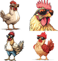 The happy Hen is styling like a rapper and wearing sunglasses vector style on white background