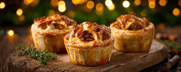 Three savory meat pies with golden crusts are displayed on a rustic wooden board, with warm bokeh lights in the background creating a cozy festive atmosphere.