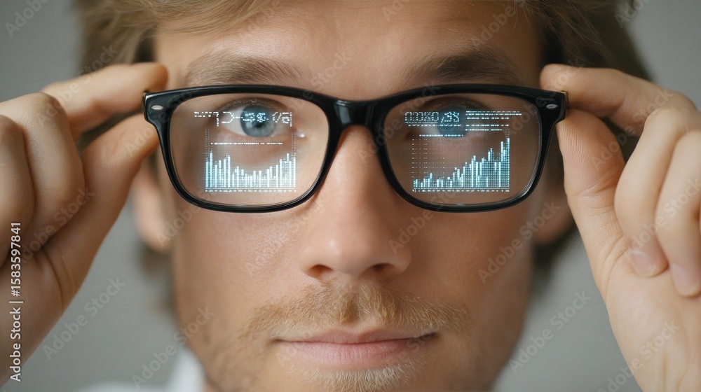 Poster a man wearing glasses reflects digital graphs and data, symbolizing focus on technology and analytic