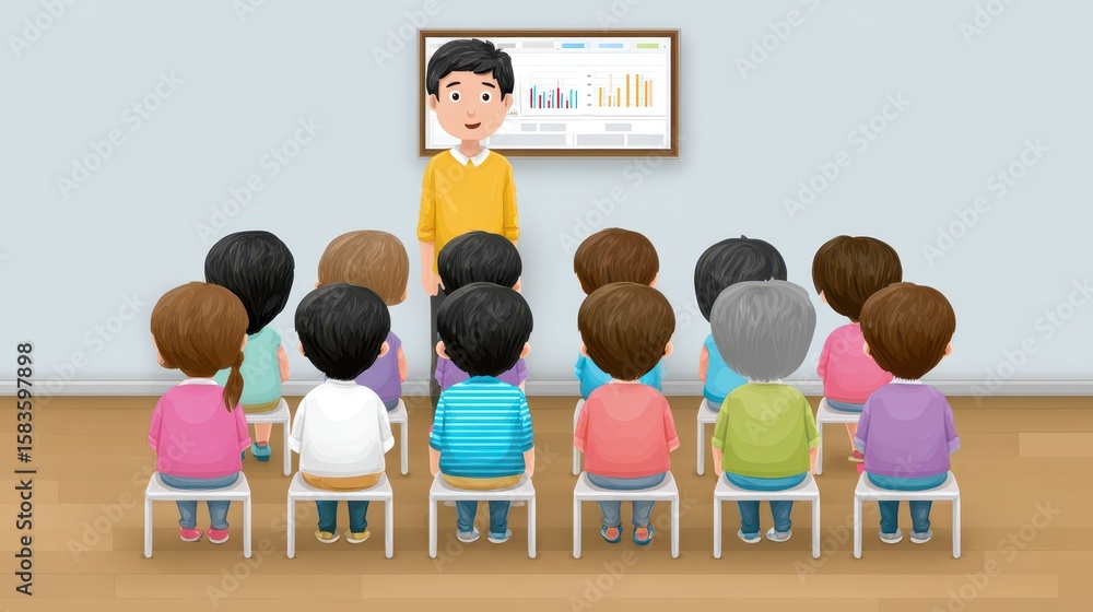Poster a teacher presents data on a chart to a classroom of attentive students sitting on chairs in a neat 