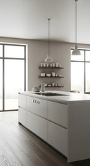 Minimalist White Kitchen with Quartz Countertop, Island Cooktop, and Open Shelving

