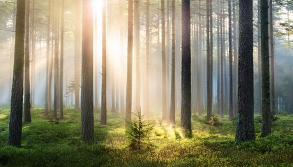 soft misty forest with tall thin trees and gentle sunlight creating calm atmosphere