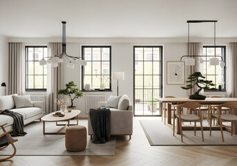 Bright Japandi Living-Dining Space with Light Wood, Neutral Textiles, and Bonsai Accent

