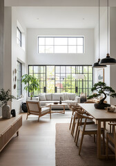 Bright Japandi Living-Dining Space with Light Wood, Neutral Textiles, and Bonsai Accent

