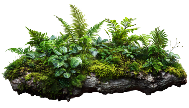 Green Landscape with Moss and Plants on Wood Base isolated on transparent background