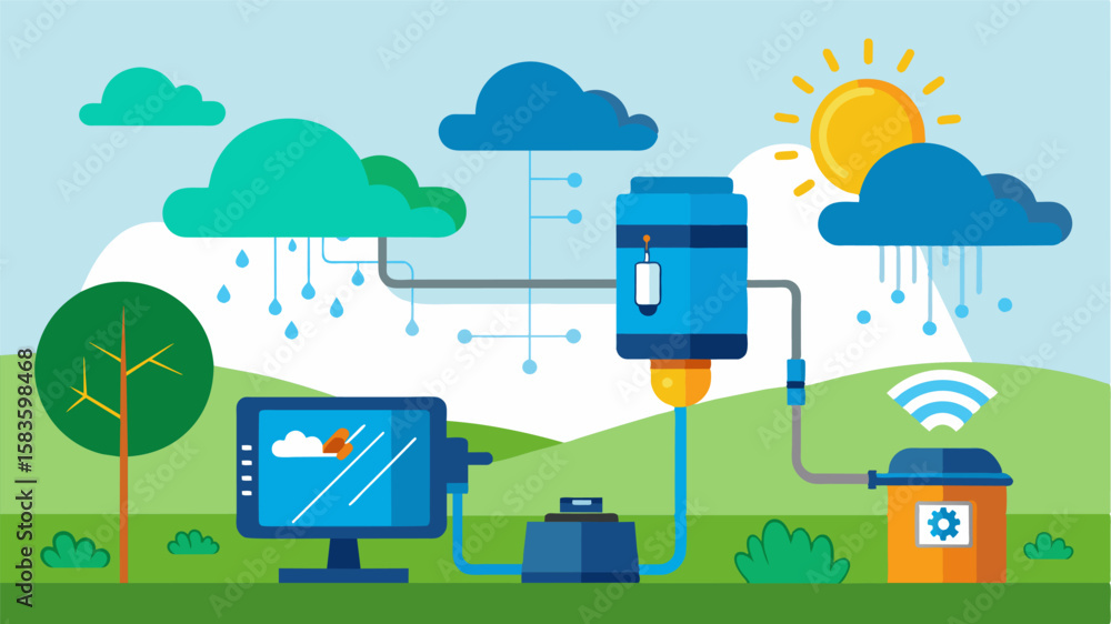 Poster an illustration of a smart irrigation pump connected to a weather forecast system. the pump can adju