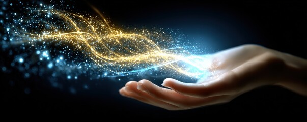 A hand gently holding glowing golden and blue particles forming a dynamic wave of light against a dark background.