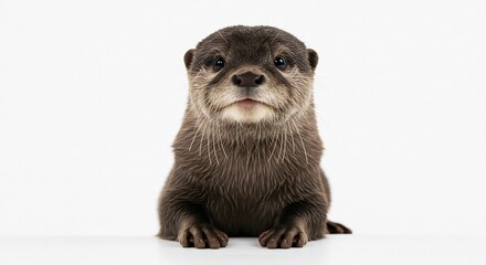 Fototapeta premium Adorable otter pup poses sweetly against bright white background. AI Generated