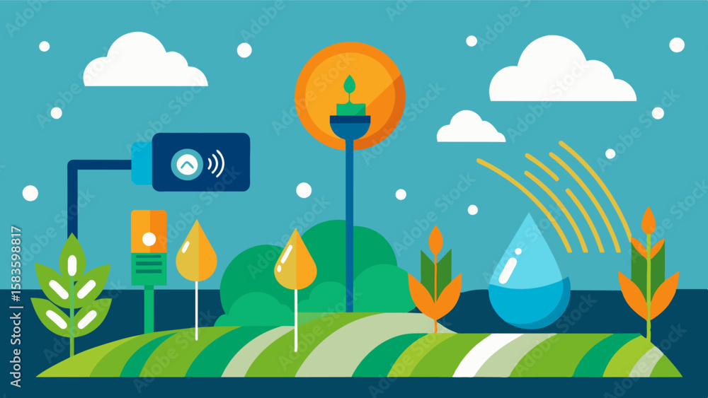 Aufkleber an illustration displaying how realtime soil moisture sensors integrated with weather forecasts help
