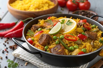 Fototapeta premium Black bowl of food with meat and vegetables