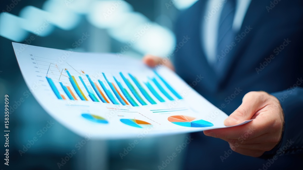 Poster a person in a suit holds a paper displaying colorful bar and pie charts, indicating business data an