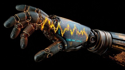 A futuristic robotic hand with detailed mechanical components displays digital stock market charts on its forearm against a black background.