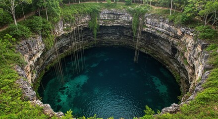 Deep Circular Sinkhole with Clear Blue Water Surrounded by Green Forest