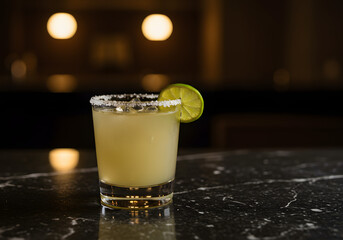 Classic Margarita with Salted Rim and Lime on Black Marble Bar in Noir Lighting

