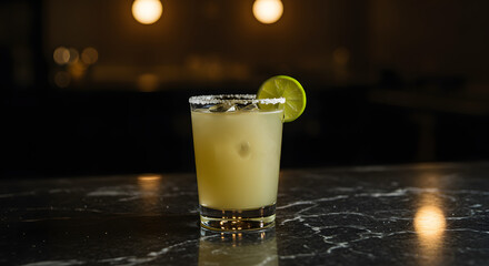 Classic Margarita with Salted Rim and Lime on Black Marble Bar in Noir Lighting

