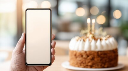 A hand holding a smartphone with a blank screen in front of a blurred birthday cake with lit candles.