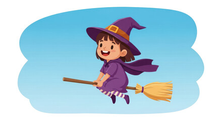 Young Witch Flying on Broomstick Against Blue Sky Background