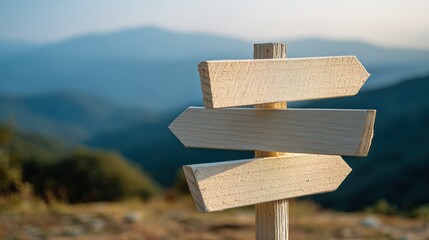 A wooden signpost with three blank arrows stands against a blurred mountain landscape under a clear sky.