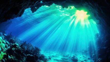 Fototapeta premium Underwater cave with sunlight beams illuminating the ocean floor and marine life