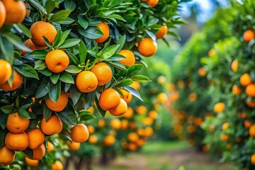 Row of orange trees with many oranges hanging from the branches