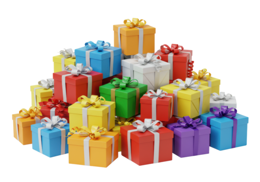A large pile of meticulously arranged, vibrantly wrapped gift boxes with various ribbons and bows, against a transparent studio background, under shadowless lighting, birthday celebration - Powered by Adobe