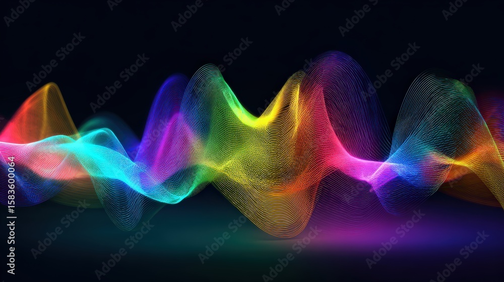 Poster a colorful, flowing digital wave pattern glows in vibrant hues against a dark background, creating a