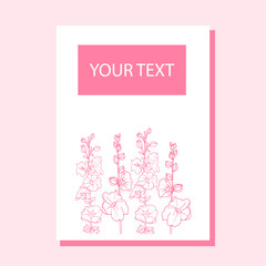 Card with pink hollyhock flowers. Hand-drawn vector illustration for wedding, invitation or greeting card. 