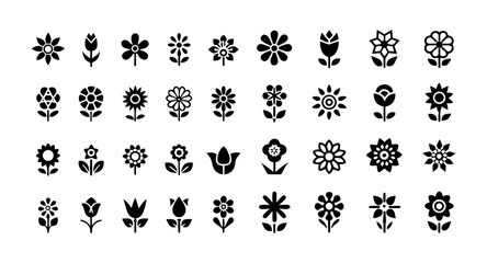 Flower and Botanical Glyph Icon Set – Black Silhouette Vector Pictograms of Rose, Tulip, Daisy, Lotus, Sunflower, Garden Lily, Hibiscus, Cherry Blossom, Carnation, and Peony
