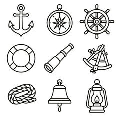 Nautical Instruments Icons. Line style icons of Nautical Instruments: anchor, compass, ship’s wheel, life buoy, telescope, sextant