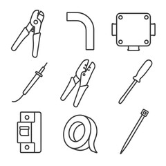 Naklejka premium Electrical Tools Icons. Line style icons of Electrical Installation Tools: wire stripper, cable conduit, junction box, multimeter