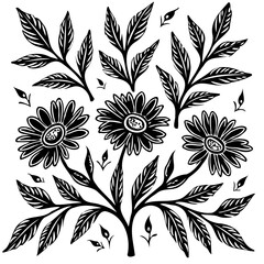 Elegant Botanical Illustration of Flowers and Leaves in a Monochrome Palette