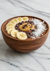 Indulgent yet healthy smoothie bowl with chocolate and peanut butter mods plus fresh toppings—ideal for wellness and dessert branding.
